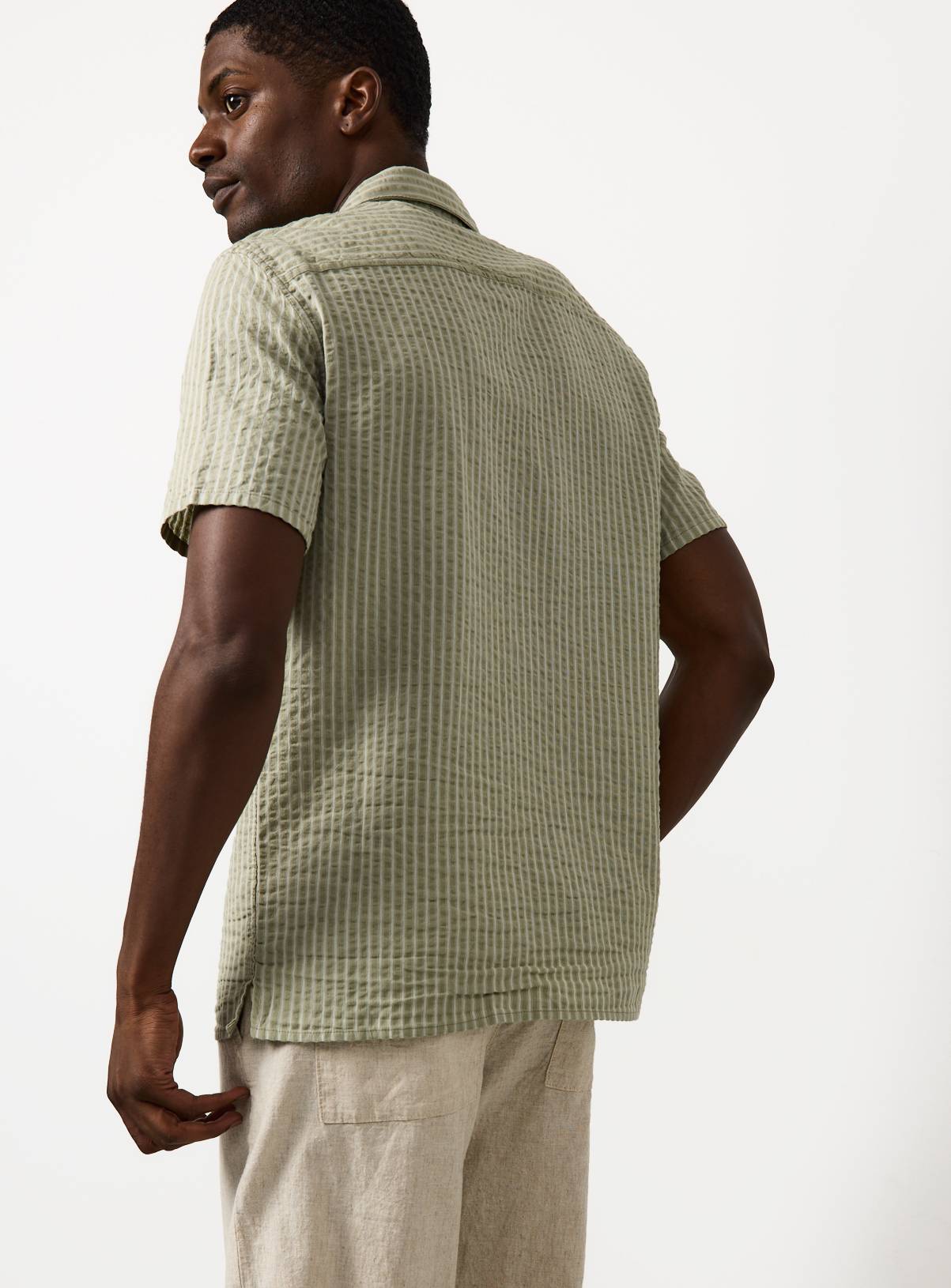 Light Green Stripe Print Seersucker Revere Neck Shirt M - Image 5